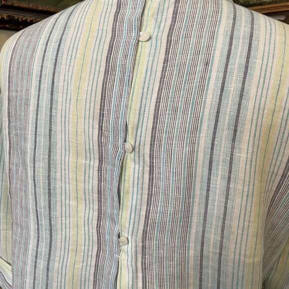 Chicos No-Iron 100% Linen Blue White Green Chevron Striped Button-Up Shirt - Picture 5 of 8